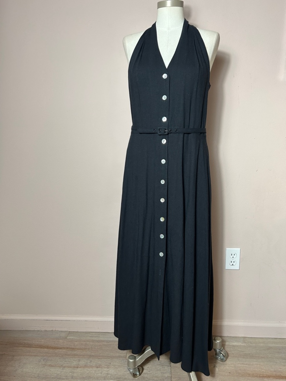 VTG Cotton Black Halter Button-Front Maxi Dress A- line belted 90s retro minimal
